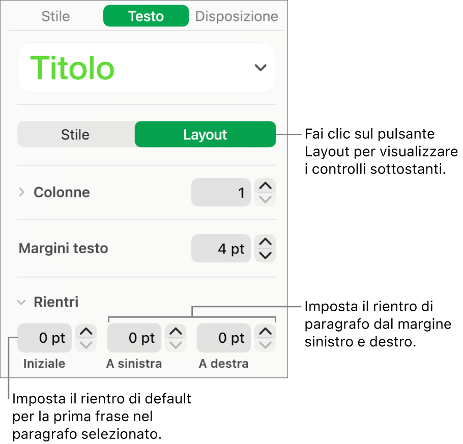 Sezione Layout della barra laterale Formattazione con i controlli per impostare il rientro della prima riga e i margini dei paragrafi.
