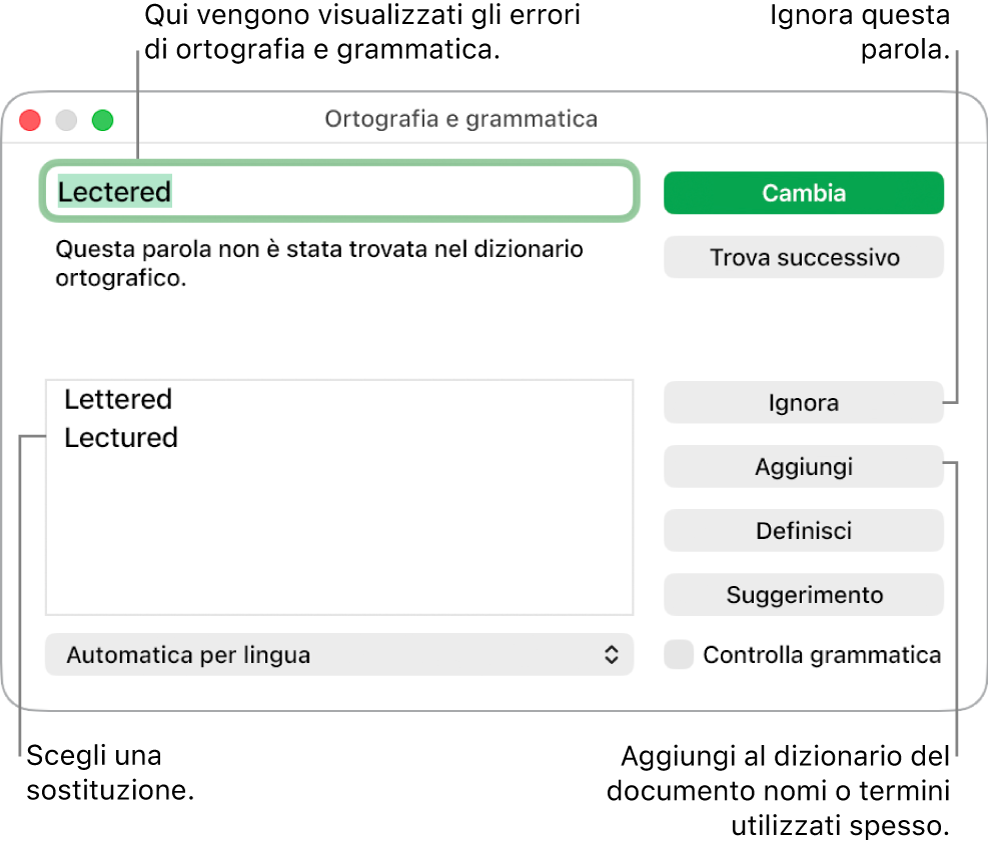 Finestra “Ortografia e grammatica”.