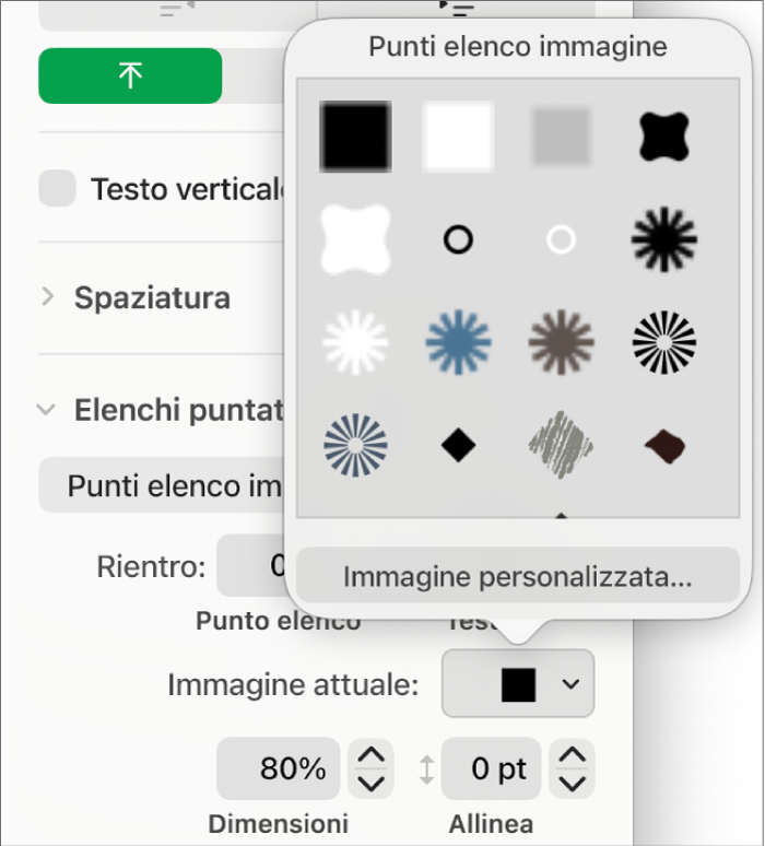 Il menu a comparsa “Punti elenco immagine”.