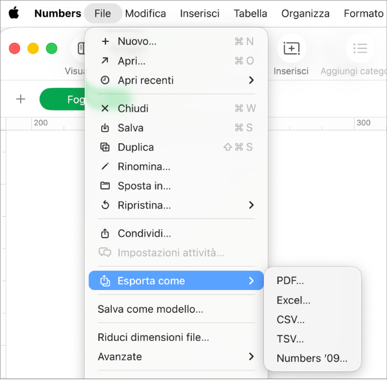 Il menu File aperto con l’opzione “Esporta come” selezionata, con il relativo sottomenu che mostra le opzioni di esportazione come PDF, Excel e CSV.