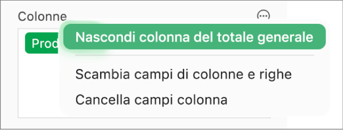 Il menu “Altre opzioni campo” che mostra i controlli per nascondere i totali generali, scambiare i campi di colonne e righe, e cancellare i campi.