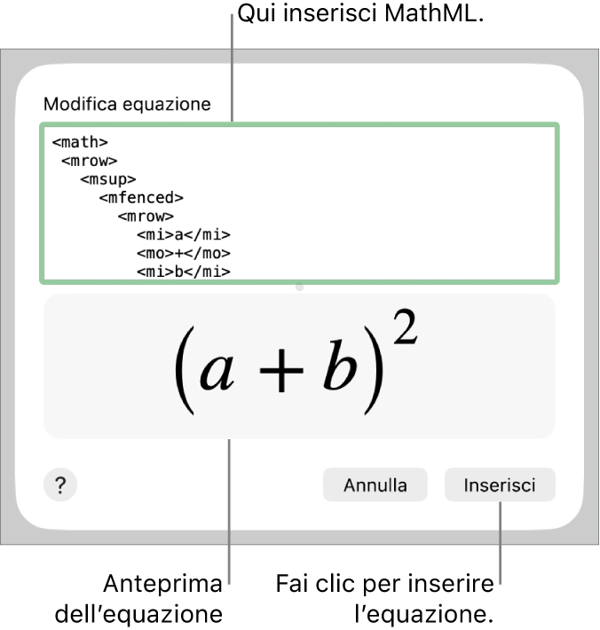 L’equazione del coefficiente angolare di una retta nel campo “Modifica equazione” e un’anteprima della formula sotto.