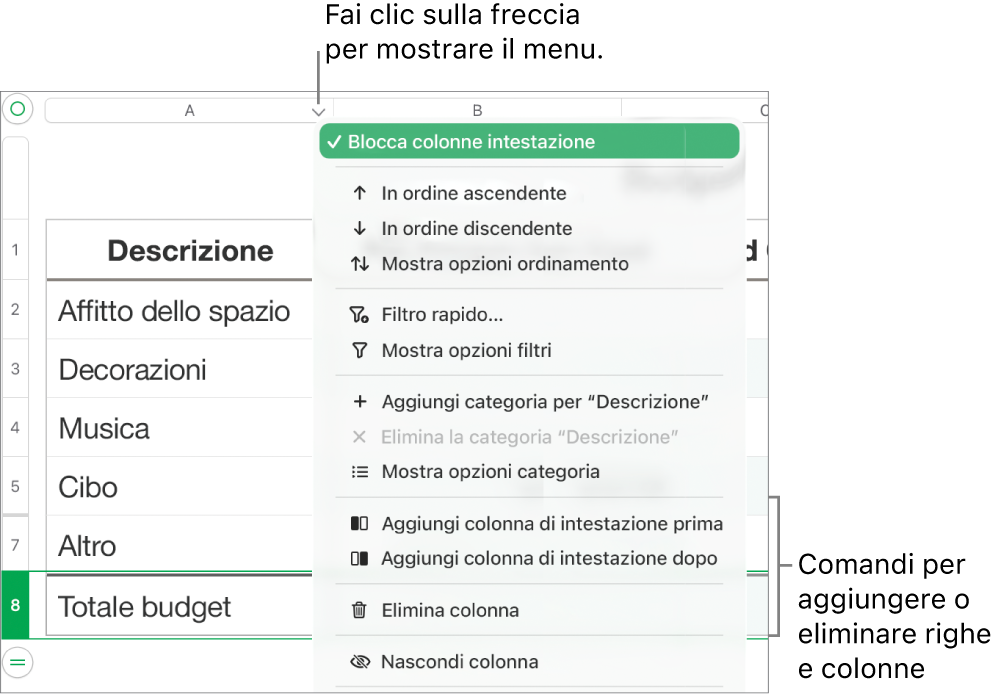Menu della colonna della tabella con i comandi per aggiungere o eliminare righe e colonne.