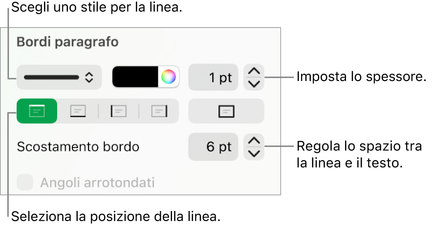 Controlli per modificare lo stile, lo spessore, la posizione e il colore della linea.