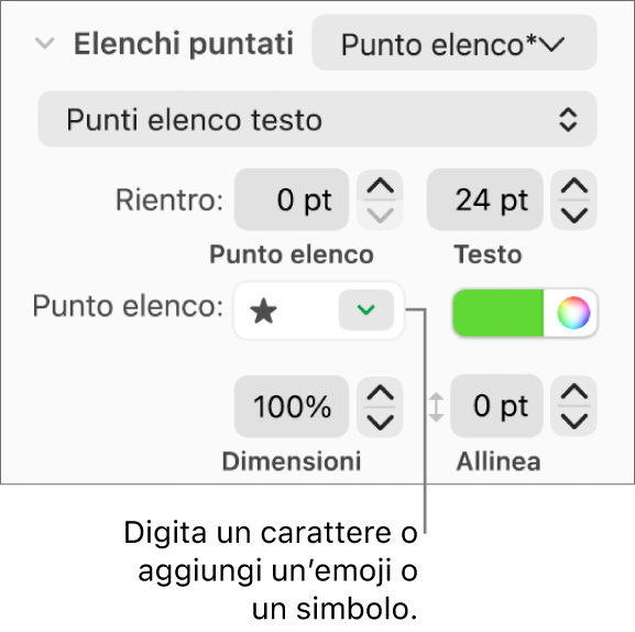 La sezione “Elenchi puntati” della barra laterale Formato. Nel campo “Punto elenco” viene visualizzata l’emoji di una stella.