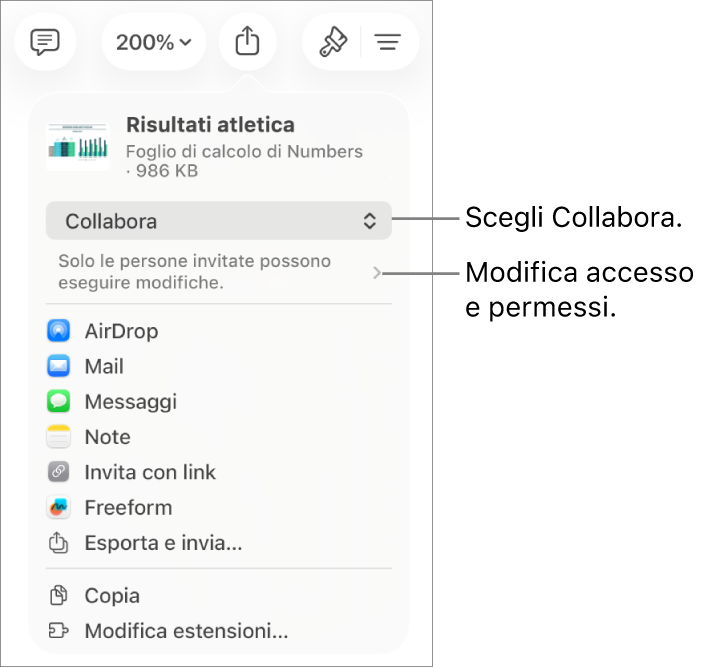 Il menu di condivisone con l’opzione Collabora selezionata in alto e le impostazioni di accesso e dei permessi sotto.