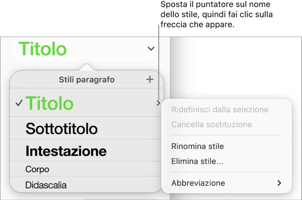 Il menu “Stili Paragrafo” con il menu di scelta rapida aperto.