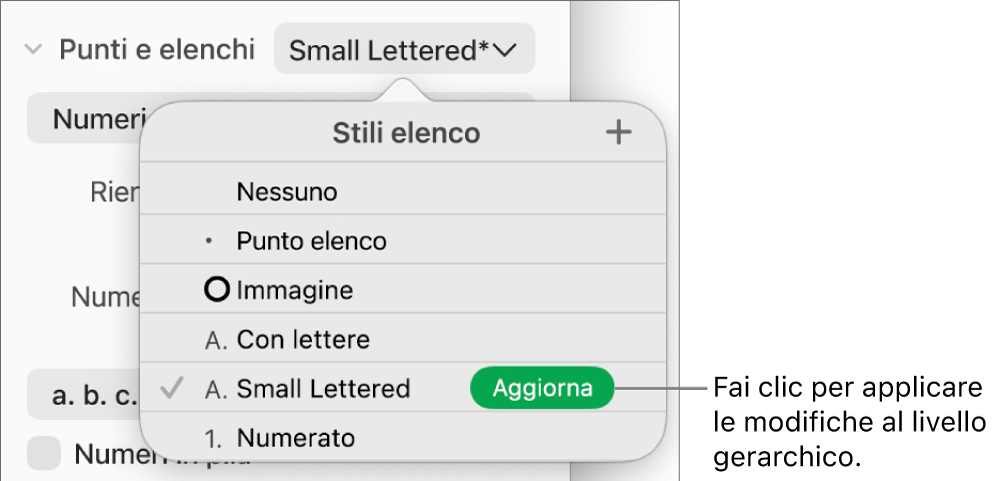 Il menu a comparsa “Stili elenco” con un pulsante Aggiorna accanto al nome nel nuovo stile.