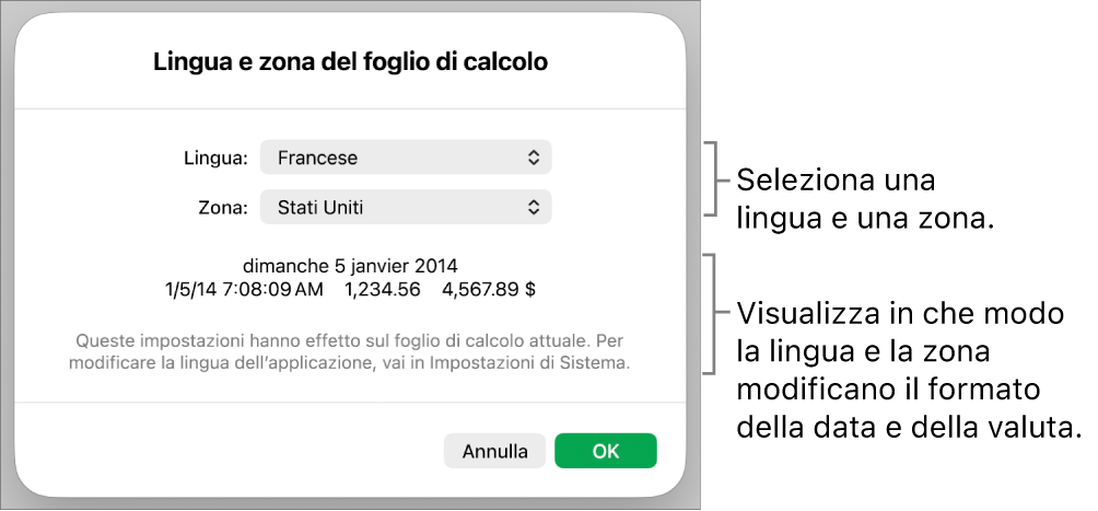 Il pannello “Lingua e zona” con i controlli per lingua e zona e un esempio di formato che include data, ora, numeri decimali e valuta.