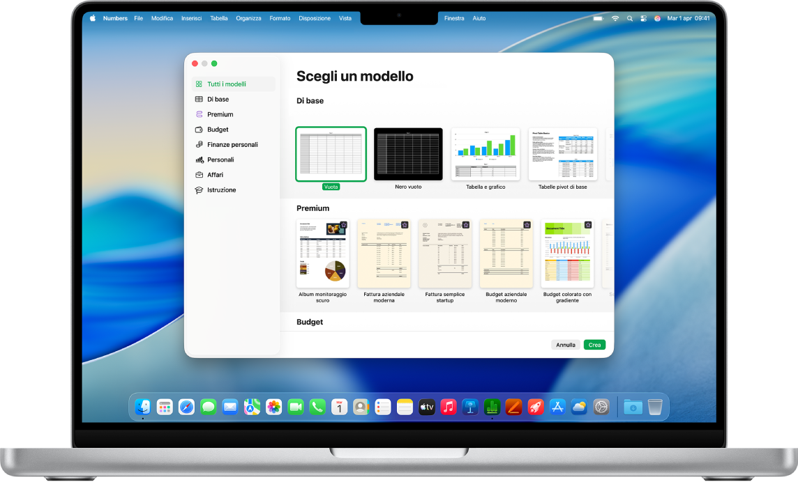 Un MacBook Pro con “Scelta modelli” di Numbers aperto sullo schermo. La categoria “Tutti i modelli” è selezionata sulla sinistra e i modelli predefiniti vengono visualizzati sulla destra, in righe divise per categoria.