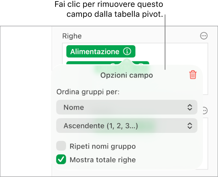 Il menu “Opzioni campo” che mostra i controlli per raggruppare e ordinare i dati, nonché le opzioni per rimuovere un campo.