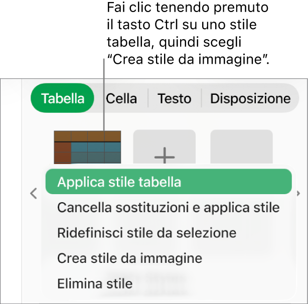 Il menu di scelta rapida dello stile tabella.