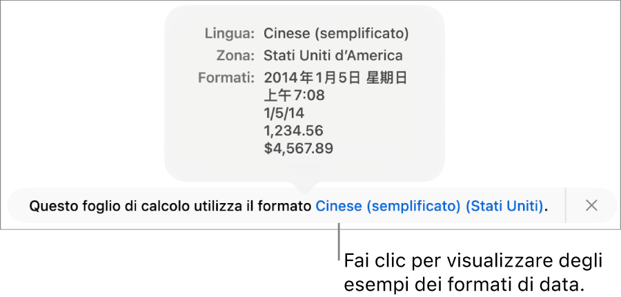 La notifica della diversa impostazione di lingua e zona, con esempi dei formati.