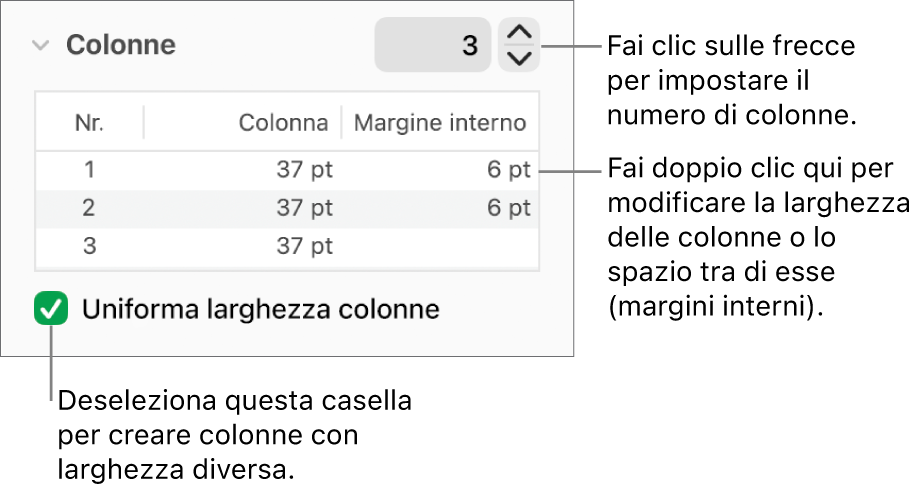 Controlli nella sezione Colonne per la modifica del numero di colonne e della larghezza di ogni colonna.