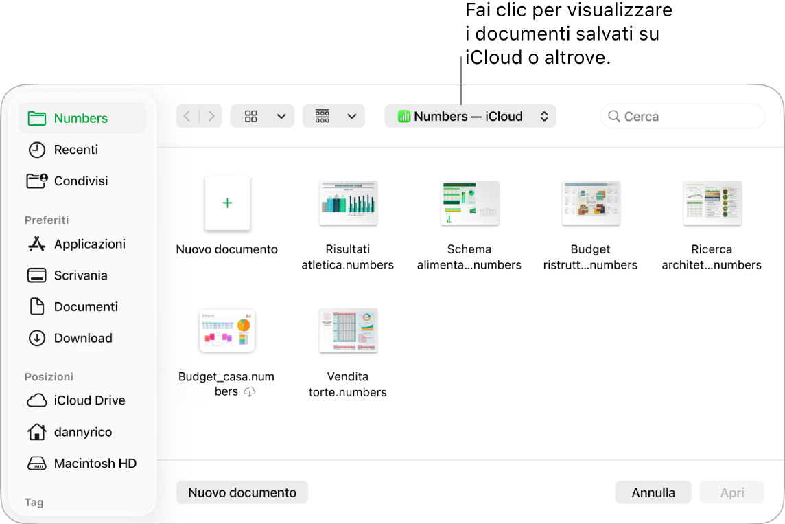 La finestra di dialogo Apri con la barra laterale aperta a sinistra e iCloud Drive selezionato nel menu a comparsa nella parte superiore. Cartelle di Keynote, Numbers e Pages vengono visualizzate nella finestra di dialogo insieme a un pulsante “Nuovo documento”.