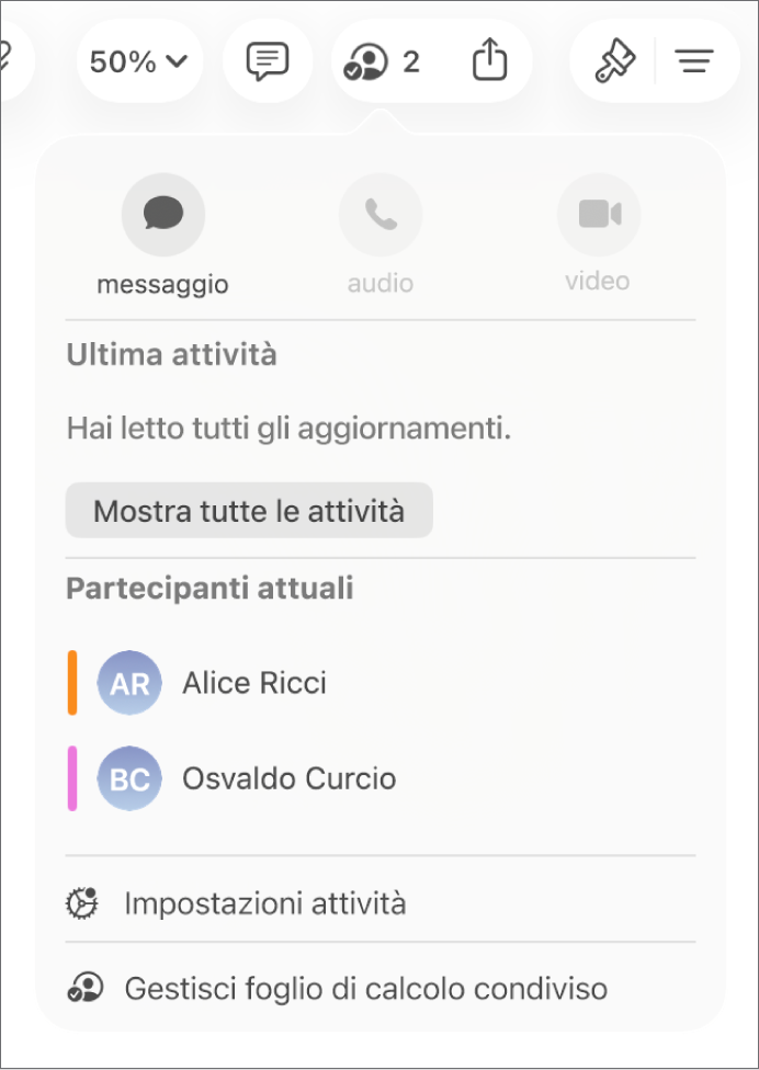 Il menu Collaborazione con i nomi delle persone che stanno collaborando al foglio di calcolo.