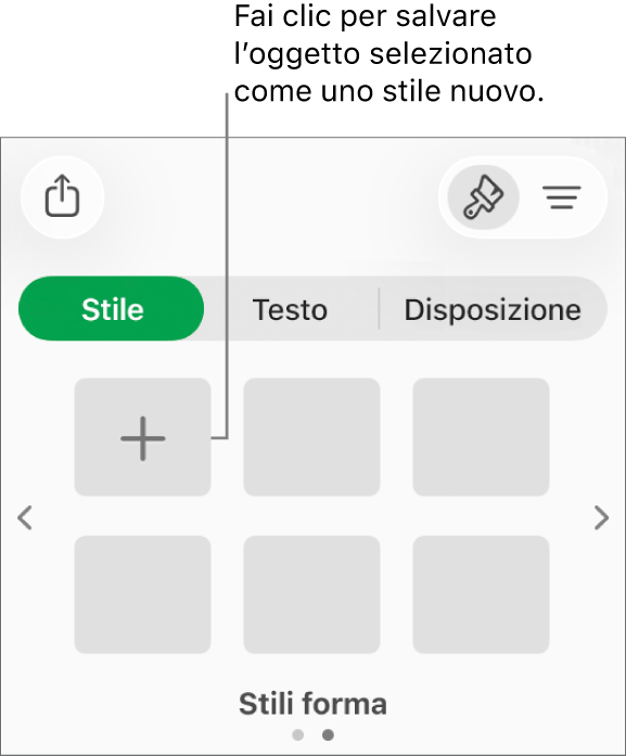 Pannello Stile della barra laterale Formattazione con quattro stili di immagine, un pulsante “Crea stile” e un segnaposto vuoto per gli stili.
