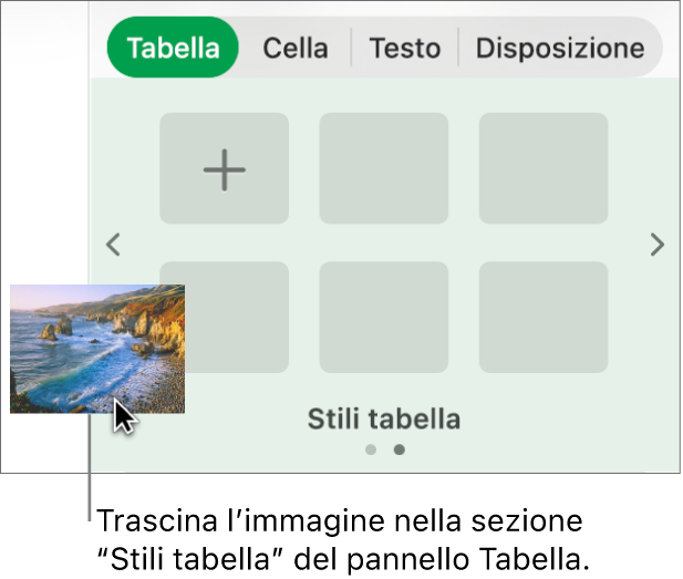 Trascinamento di un’immagine negli stili di tabella per creare un nuovo stile.
