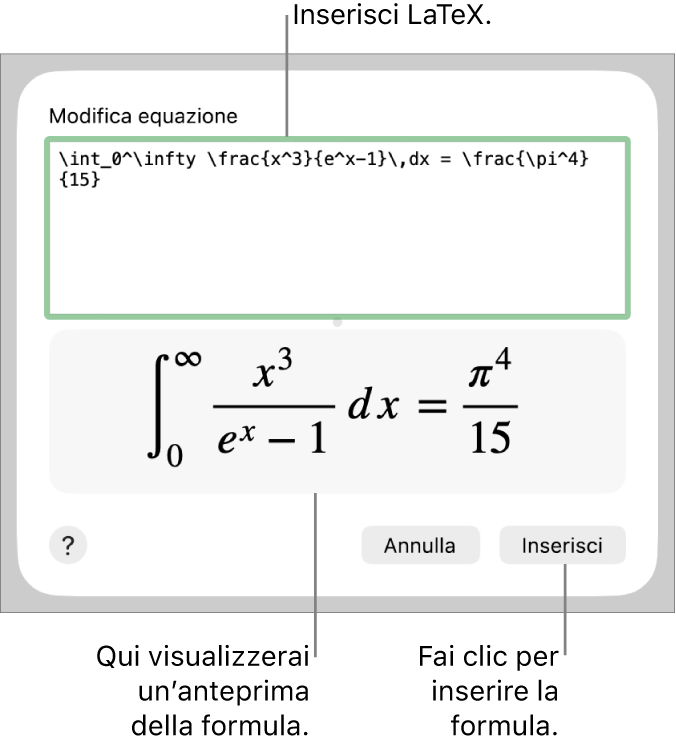 La formula quadratica scritta tramite LaTeX nel campo Equazione e un’anteprima della formula sotto.