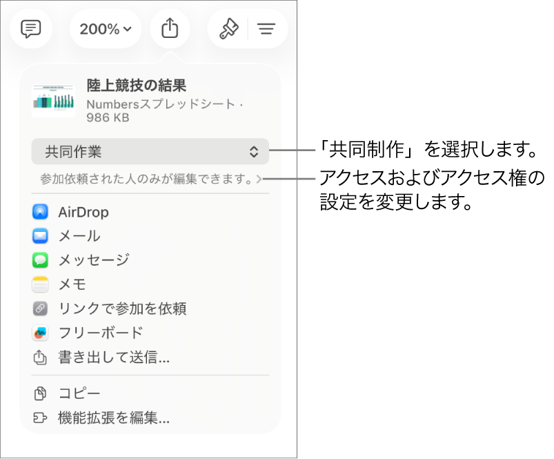 「共有」メニュー。上部の「共同作業」が選択されていて、下に参加対象とアクセス権の設定があります。