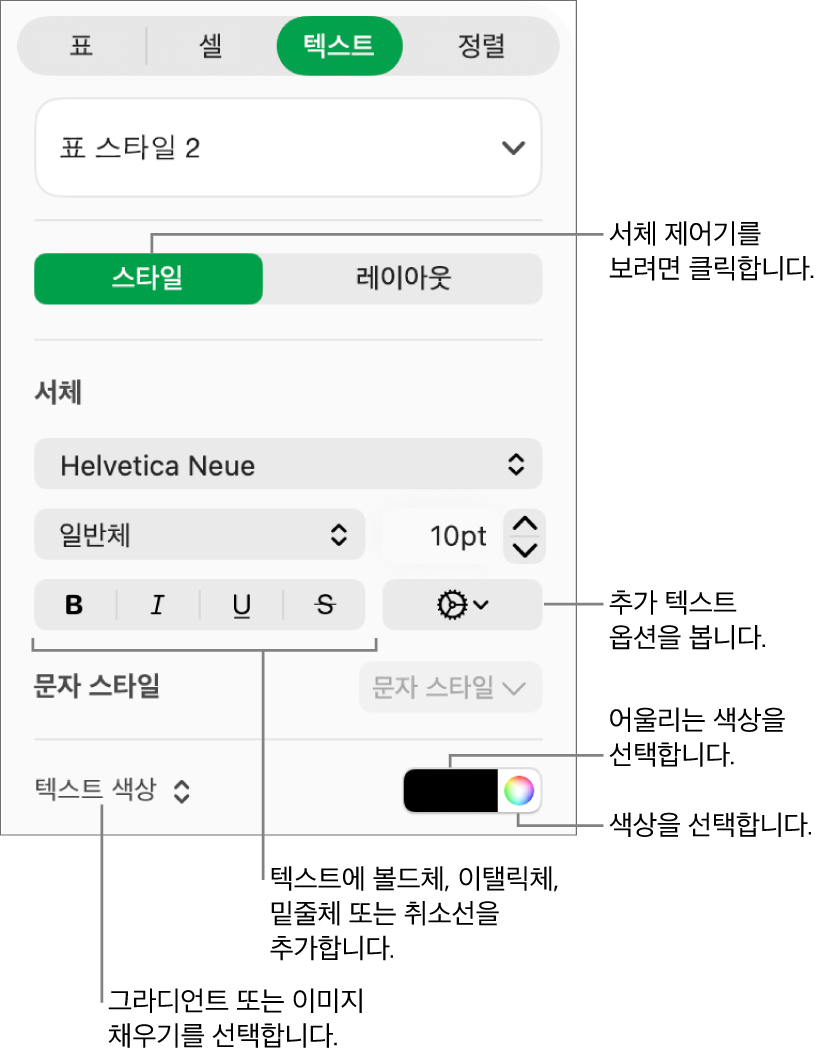 표 텍스트의 스타일을 지정하는 제어기.