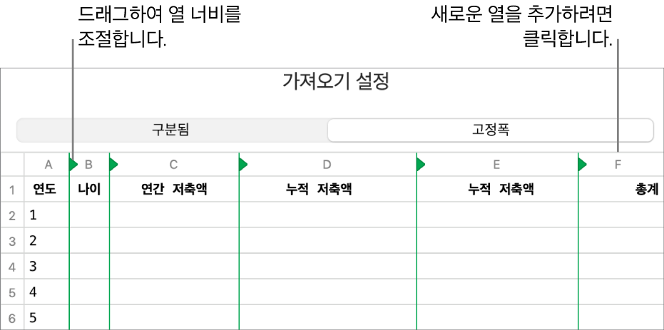 고정폭 텍스트 파일의 가져오기 설정.