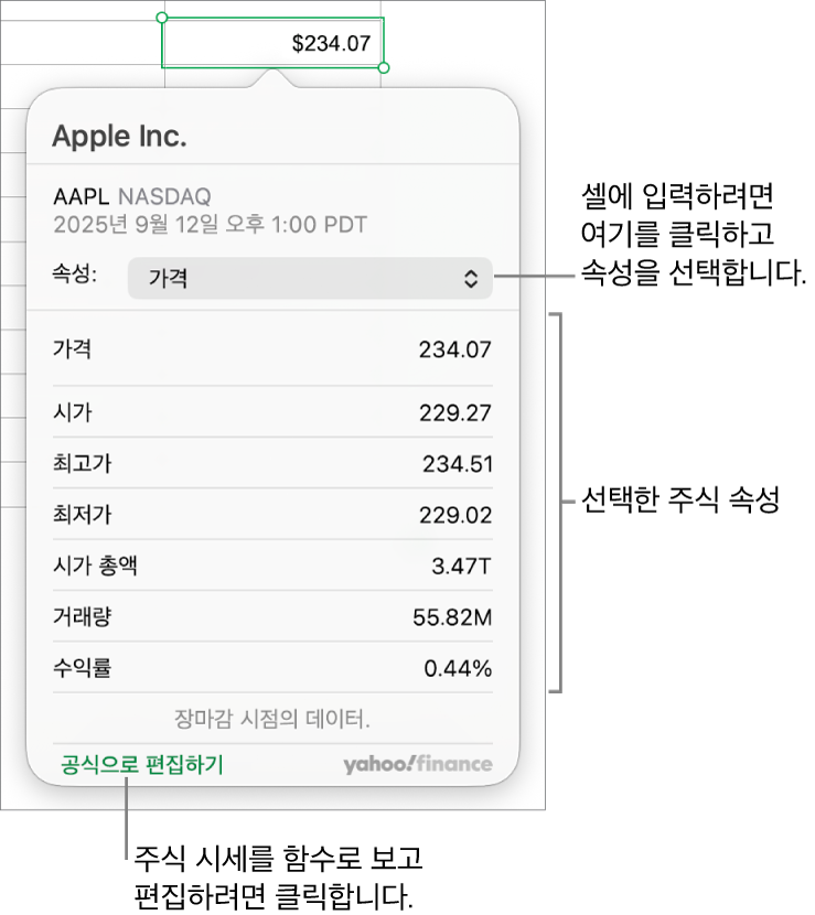 Apple이 주식으로 선택된 주식 속성 정보 입력을 위한 대화상자가 표시됨.