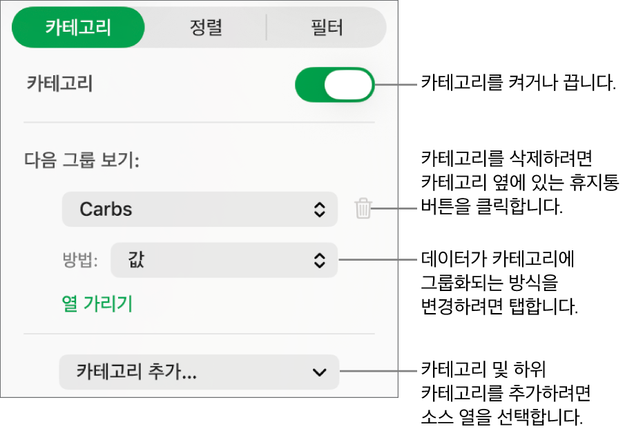 카테고리 끄기, 카테고리 삭제, 데이터 재그룹화, 소스 열 가리기 및 카테고리 추가와 같은 옵션이 있는 카테고리 사이드바.