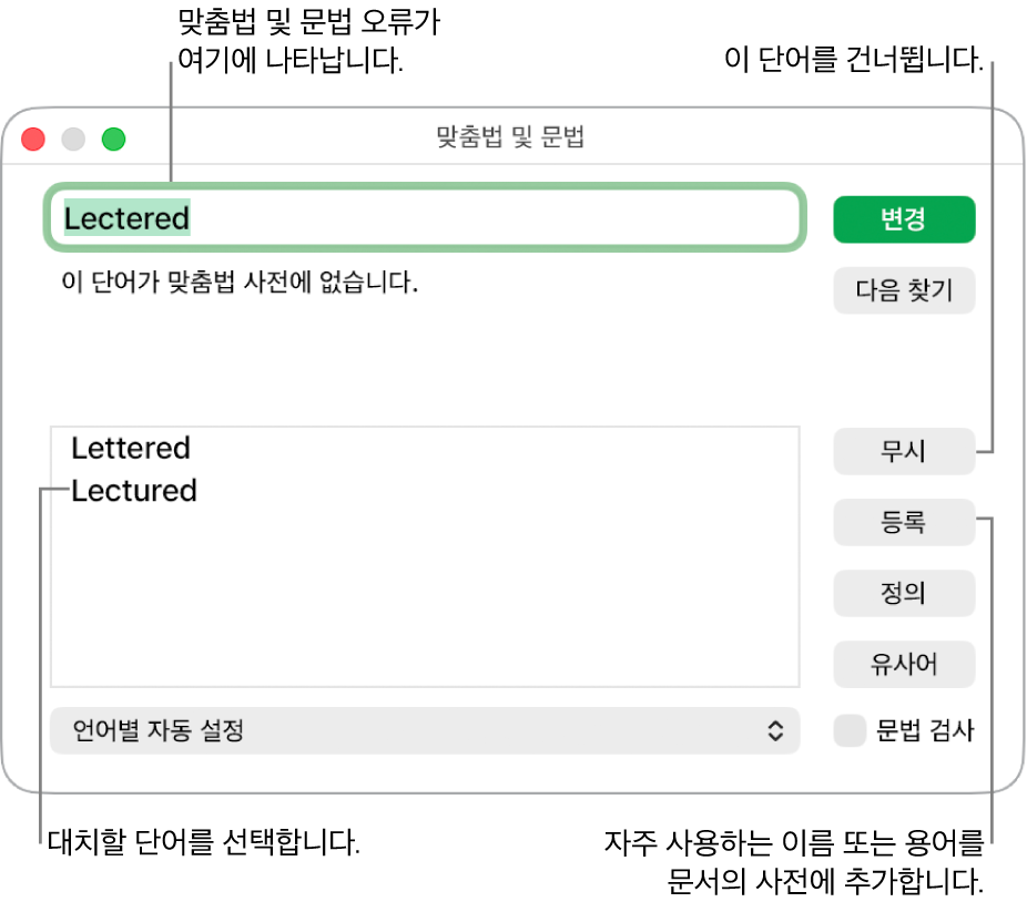 맞춤법 및 문법 윈도우.