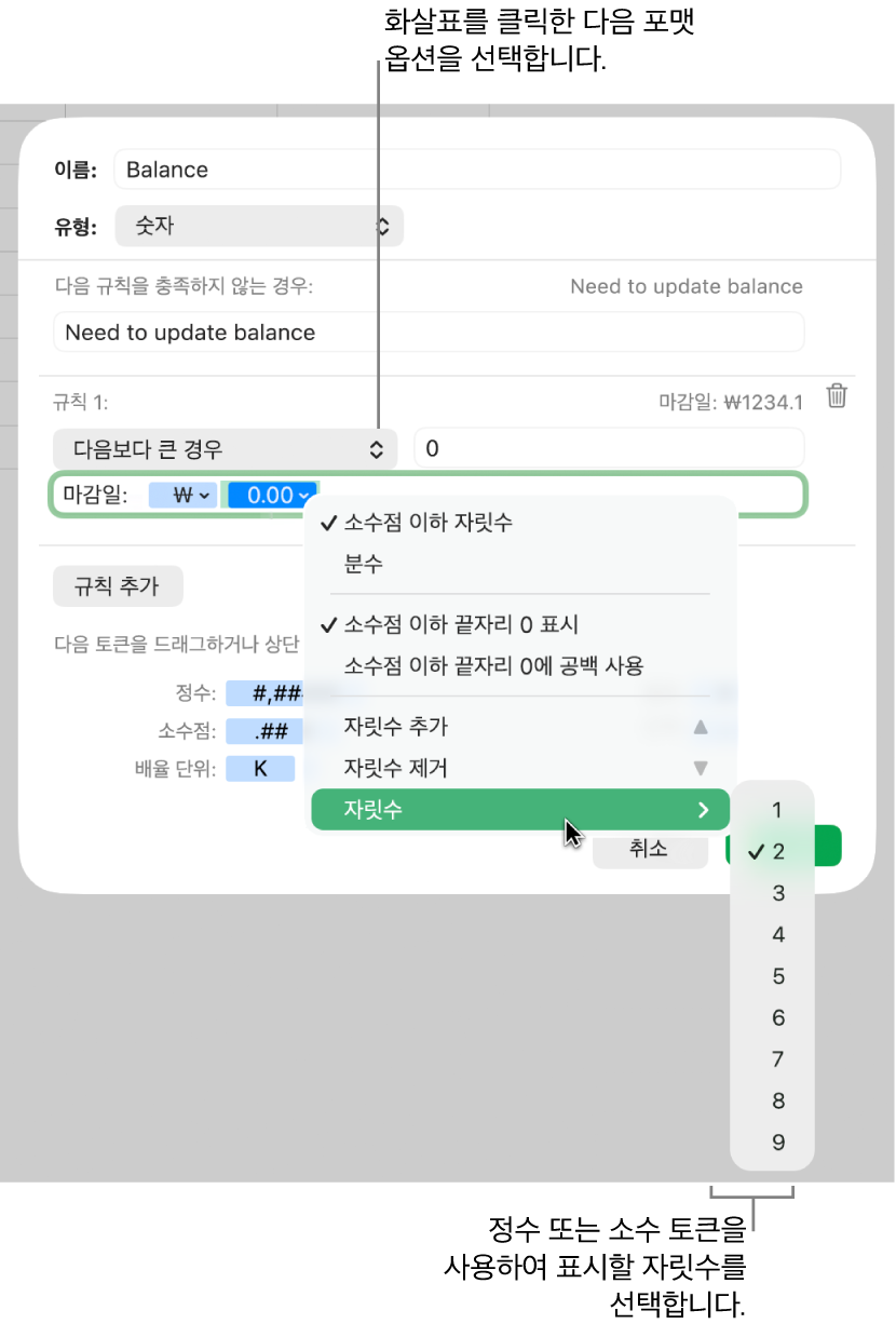 사용자 설정 포맷 옵션 선택을 위한 제어기가 있는 사용자 설정 셀 포맷 윈도우.