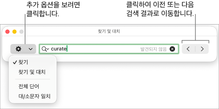 찾기, 찾기 및 대치, 전체 단어 및 대/소문자 일치 옵션을 보여주는 팝업 메뉴가 있는 찾기 및 대치 윈도우. 오른쪽의 화살표는 이전 또는 다음 검색 결과로 이동할 수 있게 해줍니다.