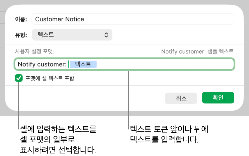 사용자 텍스트 셀 포맷.