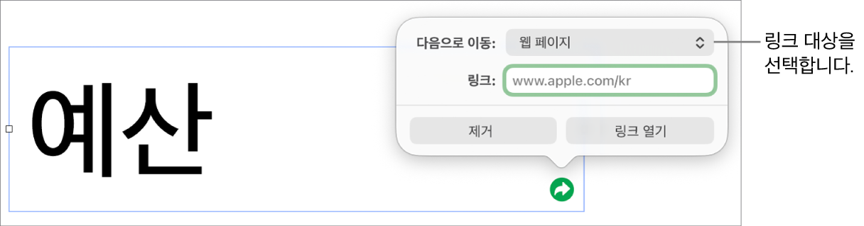 웹 페이지가 선택되어 있고, 하단에 제거 및 링크 열기 버튼이 있는 링크 편집 제어기.