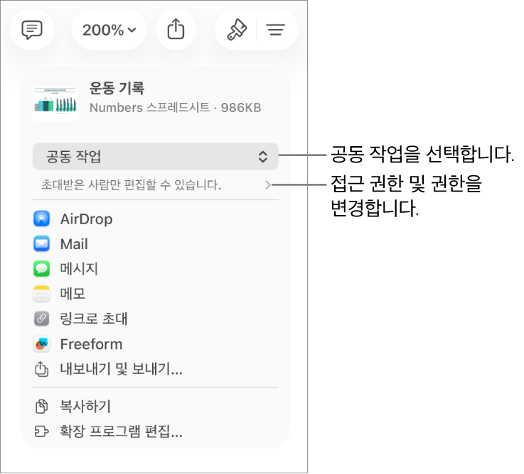 상단에 공동 작업이 선택되어 있는 공유 메뉴가 있고, 그 아래에는 접근 및 권한 설정이 있음.