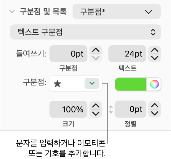 포맷 사이드바의 구분점 및 목록 섹션. 구분점 필드에 별 모양 이모지가 표시됨.