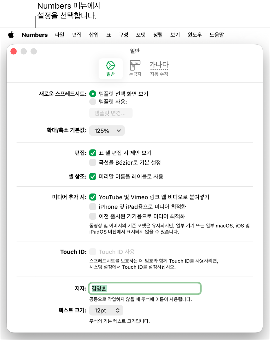 Numbers 설정 윈도우의 일반 패널이 열려 있고 새로운 스프레드시트, 확대/축소 기본값, 편집, 셀 참조, 방정식, 미디어 추가, Touch ID, 저자 이름 및 기본 텍스트 크기에 대한 설정이 있음.