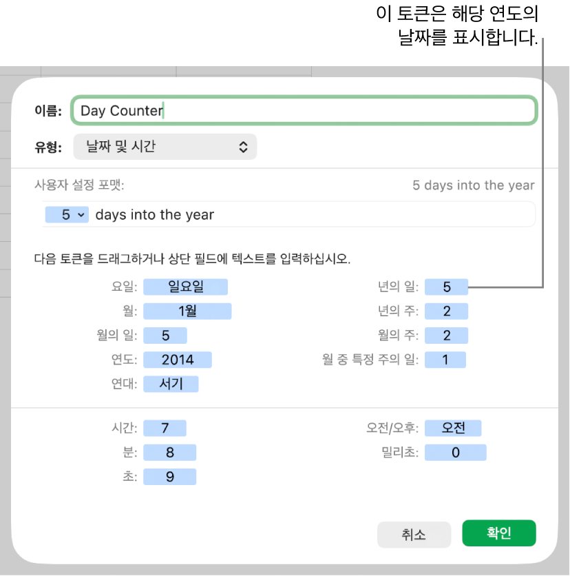 사용자 설정 날짜 및 시간 셀 포맷.