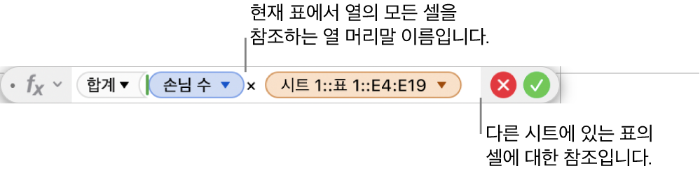 한 표의 열 및 다른 표의 셀을 참조하는 공식을 보여주는 공식 편집기.