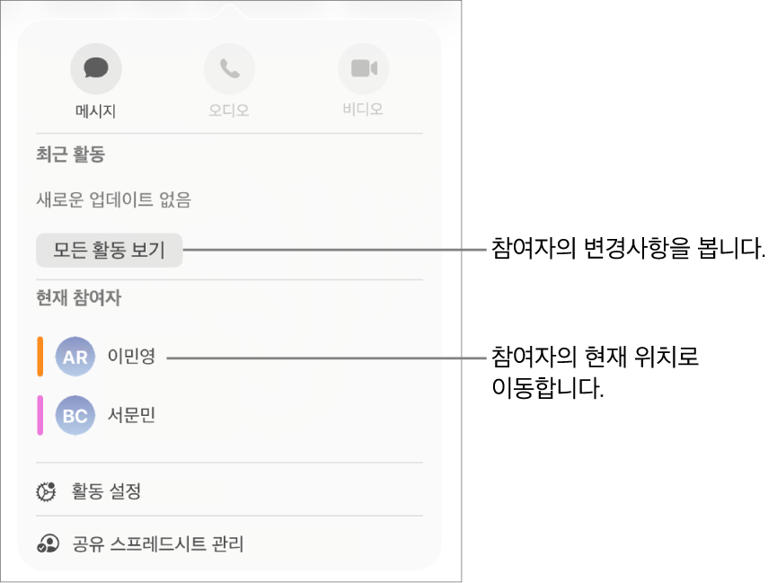 현재 두 명의 참여자가 나열된 공동 작업 메뉴.