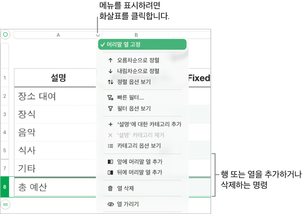 행과 열을 추가하거나 삭제하는 명령이 있는 표 열 메뉴.