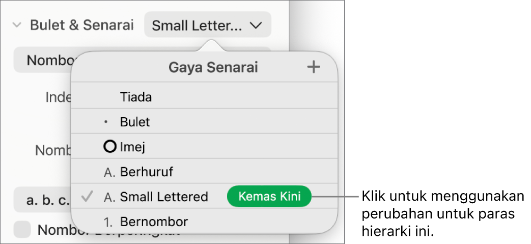 Menu timbul Gaya Senarai dengan butang Kemas Kini bersebelahan nama gaya baharu.