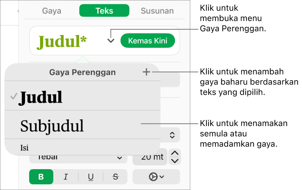 Menu Gaya Perenggan, menunjukkan kawalan untuk menambah atau menukar gaya.
