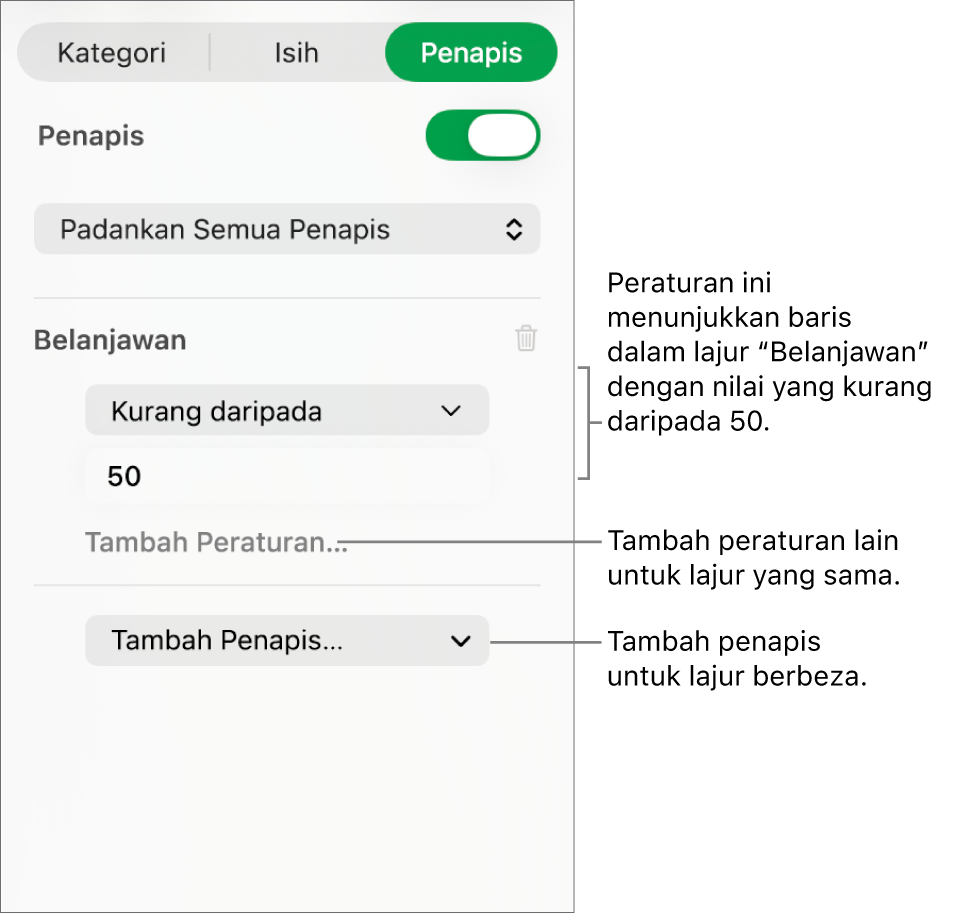Kawalan untuk mencipta peraturan penapisan.