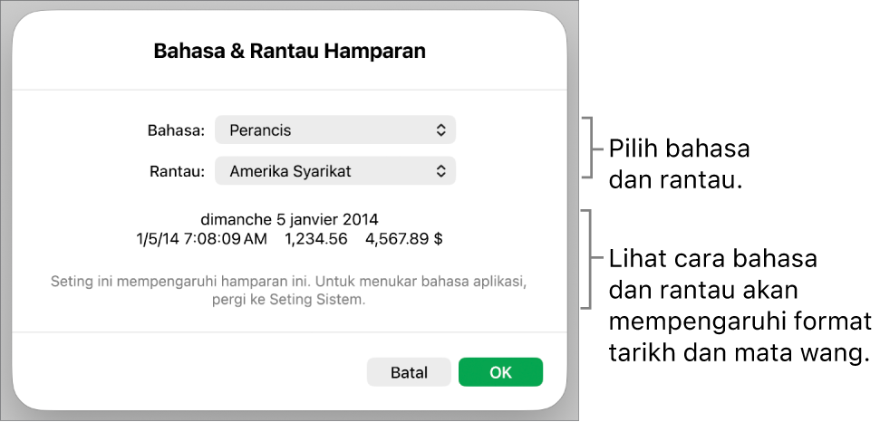 Anak tetingkap Bahasa & Rantau dengan kawalan untuk bahasa dan rantau, serta contoh format termasuk tarikh, masa, perpuluhan dan mata wang.