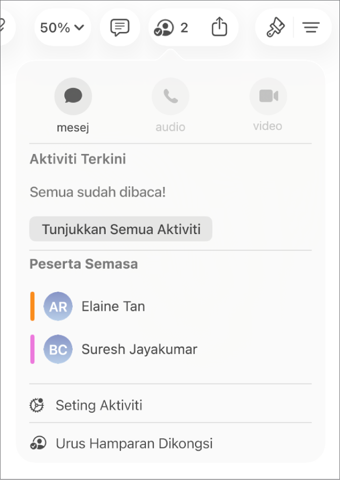 Menu kerjasama menunjukkan nama orang yang bekerjasama pada hamparan.