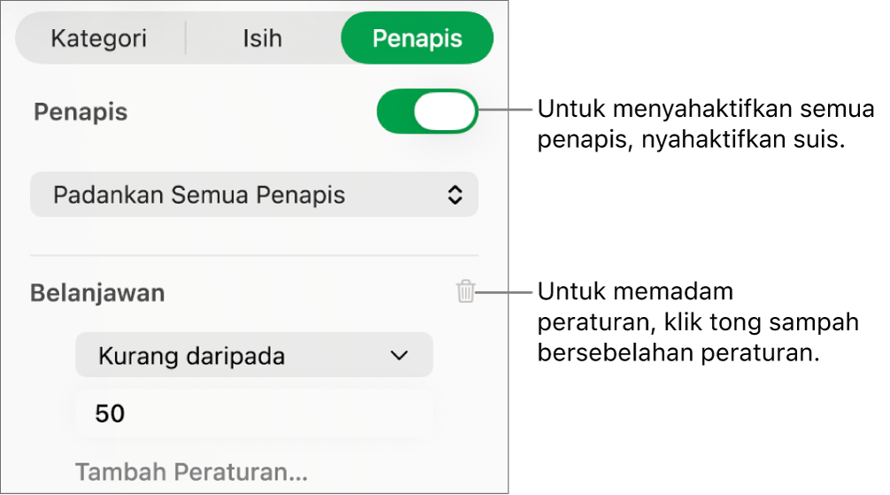 Kawalan untuk memadamkan penapis atau menyahaktifkan semua penapis.