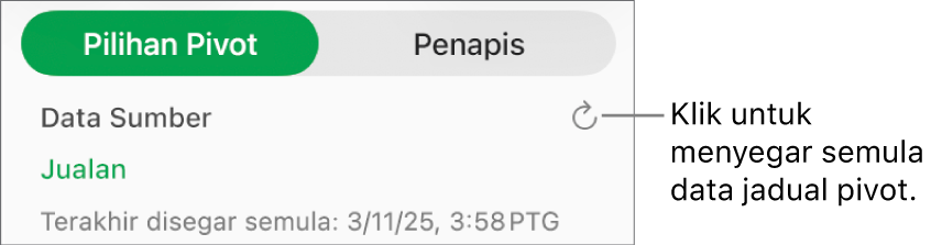 Tab Pilihan Pivot menunjukkan pilihan untuk menyegar semula jadual pivot.