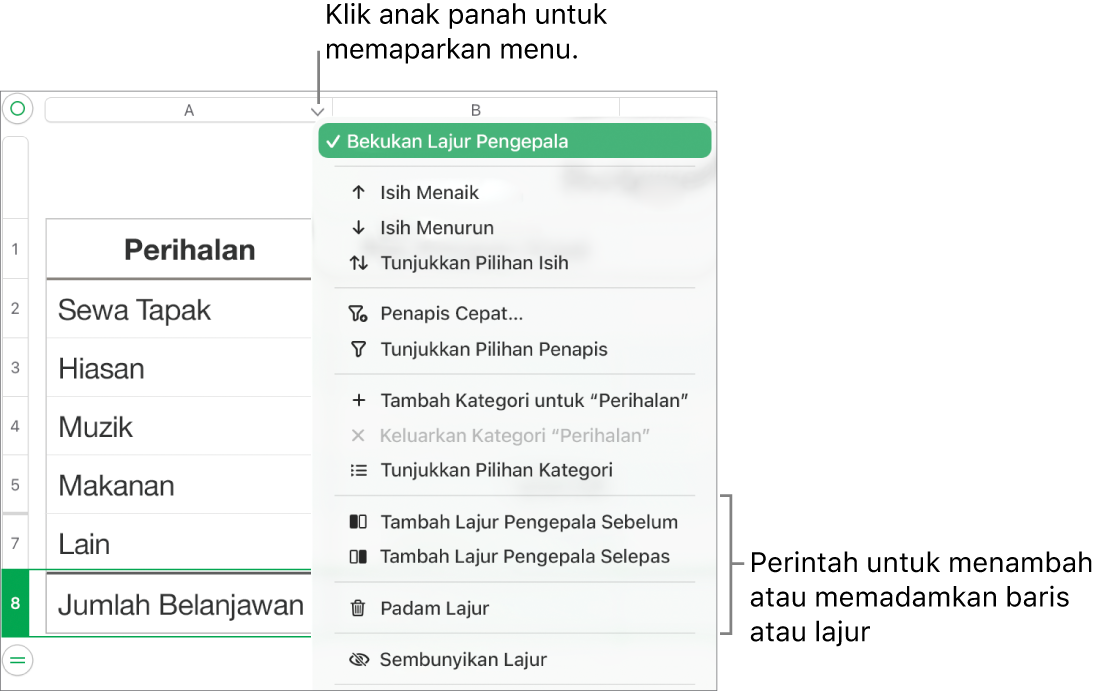 Menu lajur jadual dengan arahan untuk menambah atau memadamkan baris dan lajur.
