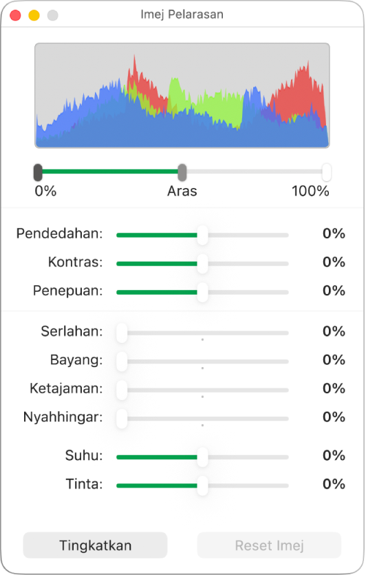 Tetingkap Laraskan Imej dengan gelangsar untuk mengesetkan pendedahan, kontras, ketepuan, serlahan, bayang, ketajaman, nyahhingar, suhu dan tinta.