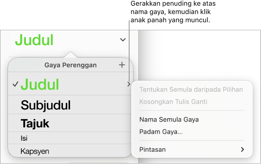 Menu Gaya Perenggan dengan menu pintasan terbuka.